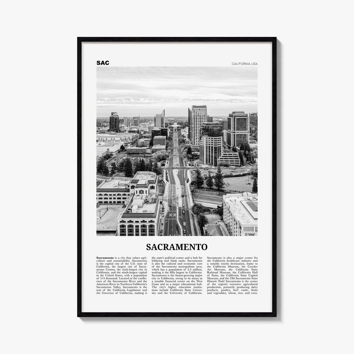 Sacramento no. 3 black & white newspaper poster of California, USA – vertical wall art, unframed print shown in interior mock