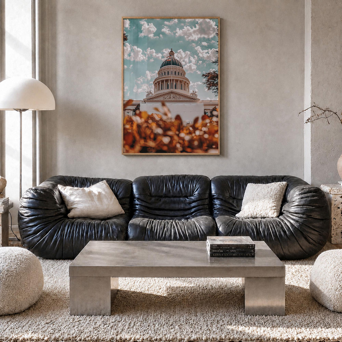 Sacramento no. 3 colorful photo poster of California, USA – vertical wall art in natural wood frame, hanging on wall