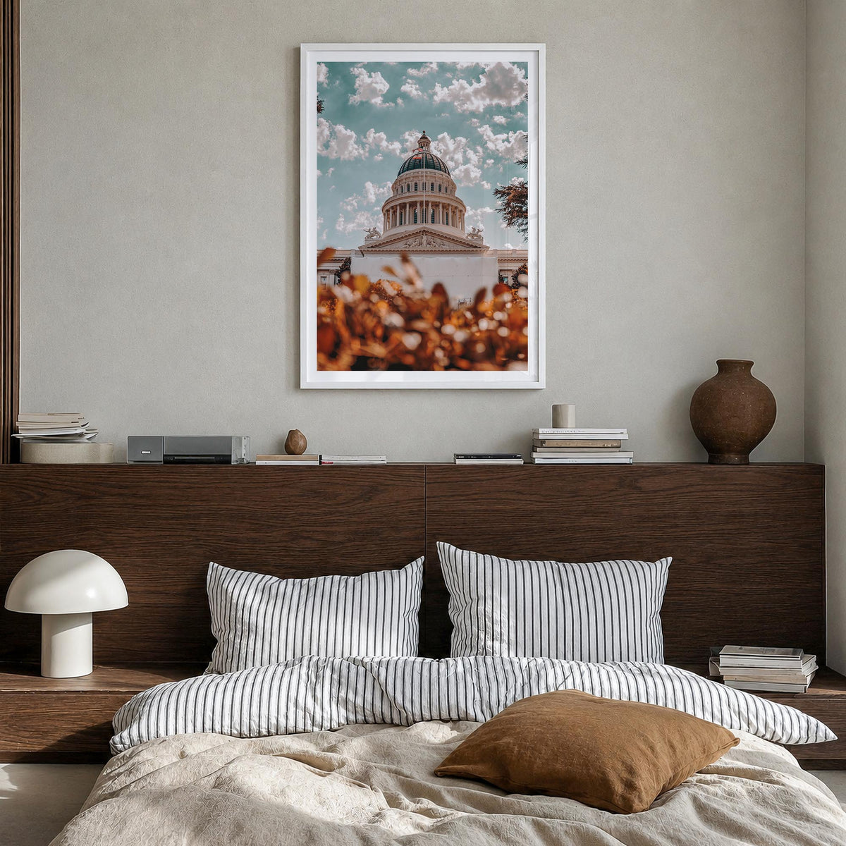 Sacramento no. 3 colorful photo poster of California, USA – vertical wall art in white wood frame with white border, hanging 