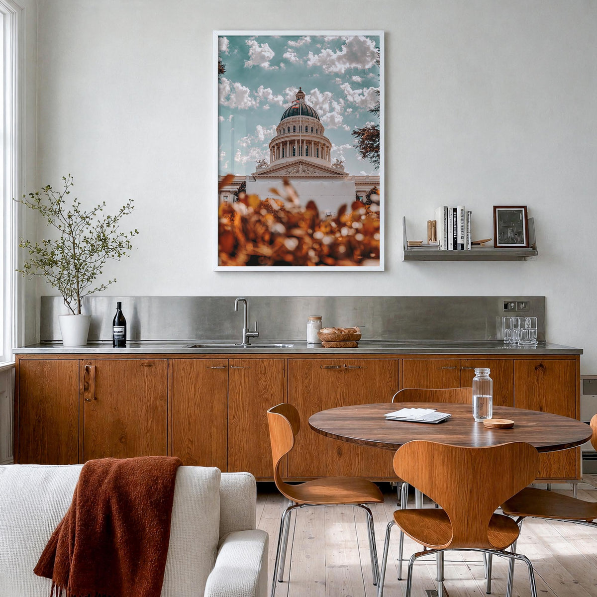 Sacramento no. 3 colorful photo poster of California, USA – vertical wall art in white wood frame, hanging on wall