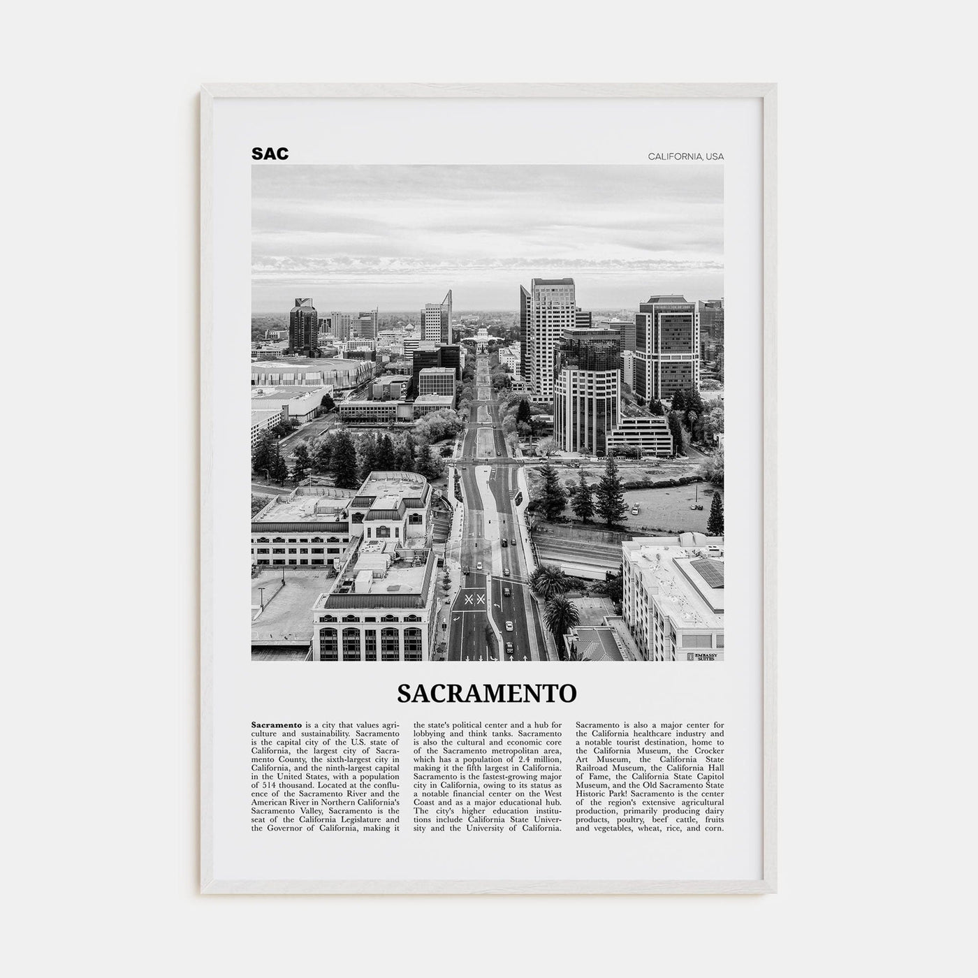 Sacramento No 3 Poster White Wood / 8x12 in Nbourhood Travel B&W Poster