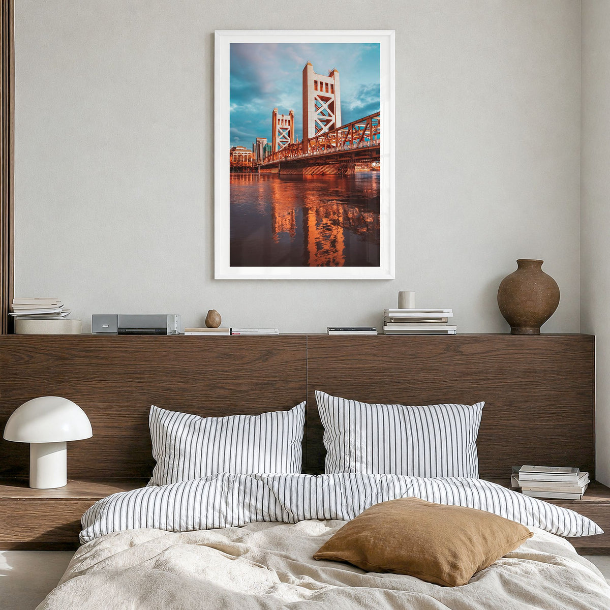 Sacramento Photo No 2 Poster in a white wood frame, hanging in a bedroom, white border