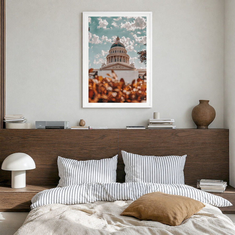 Sacramento Photo No 3 Poster in a white wood frame, hanging in a bedroom, white border