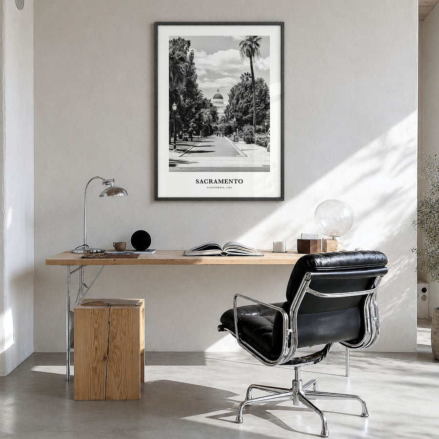 Sacramento Classic No 2 Poster in a black wood frame, hanging in a bright home office