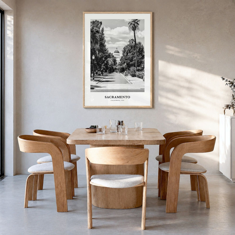 Sacramento Classic No 2 Poster in a natural wood frame, hanging in a dining room