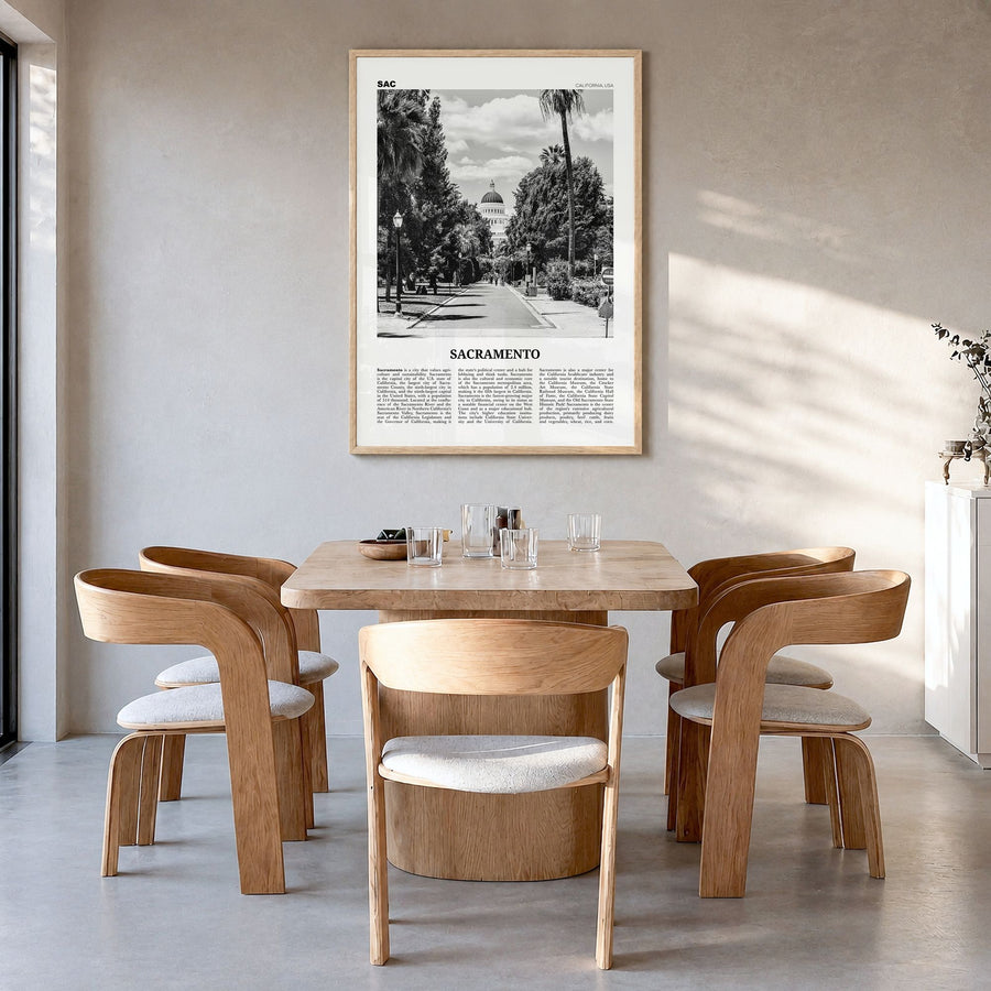Sacramento Newspaper No 1 Poster in a natural wood frame, hanging in a dining room