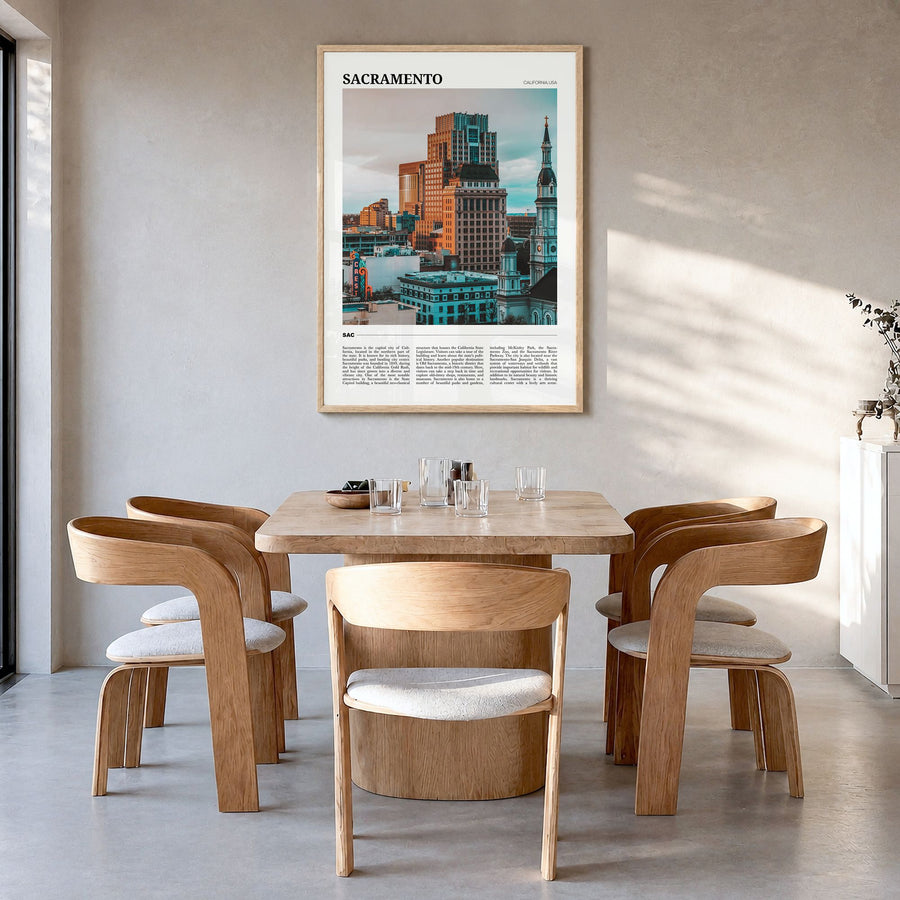 Sacramento Travel Poster in a natural wood frame, hanging in a dining room