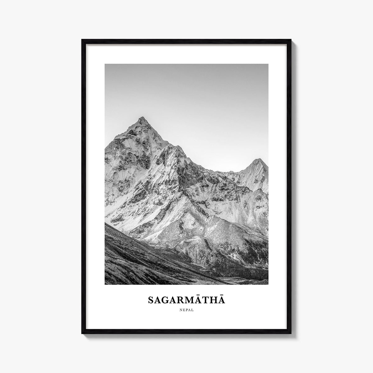 Sagarmāthā National Park black & white classic poster of Nepal – vertical wall art, unframed print shown in interior mockup