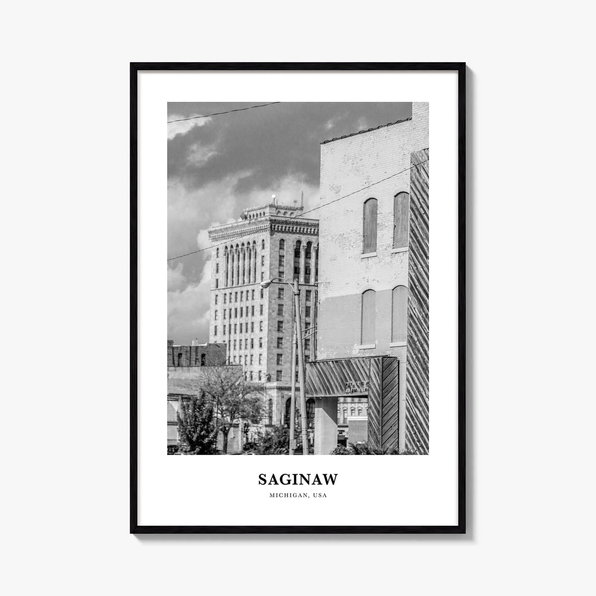 Saginaw black & white classic poster of Michigan, USA – vertical wall art, unframed print shown in interior mockup