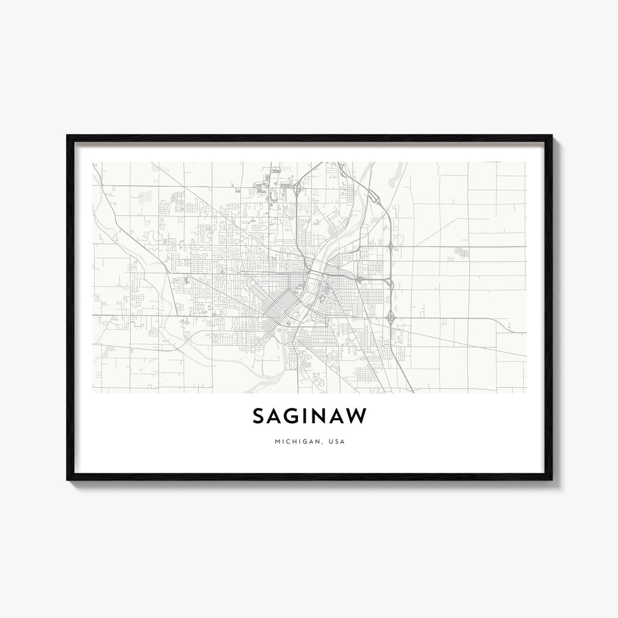 Saginaw black & white map poster of Michigan, USA – horizontal wall art, unframed print shown in interior mockup