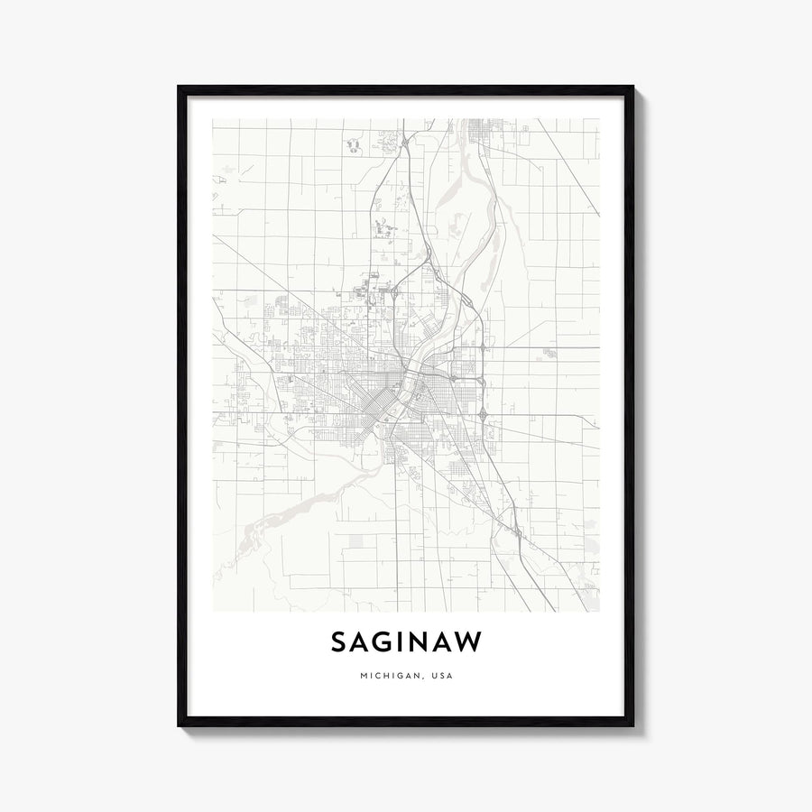 Saginaw black & white map poster of Michigan, USA – vertical wall art, unframed print shown in interior mockup
