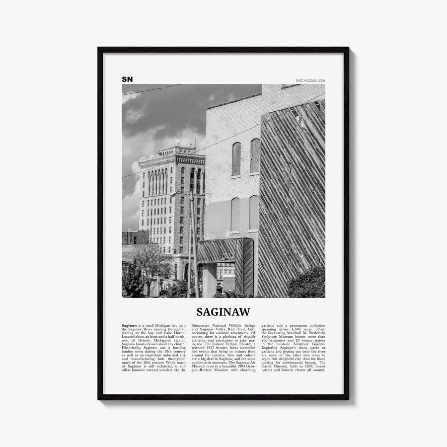 Saginaw black & white newspaper poster of Michigan, USA – vertical wall art, unframed print shown in interior mockup