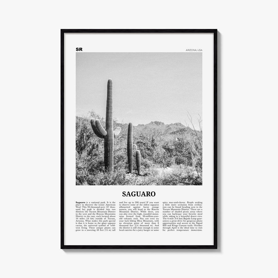 Saguaro National Park black & white newspaper poster of Arizona, USA – vertical wall art, unframed print shown in interior mo