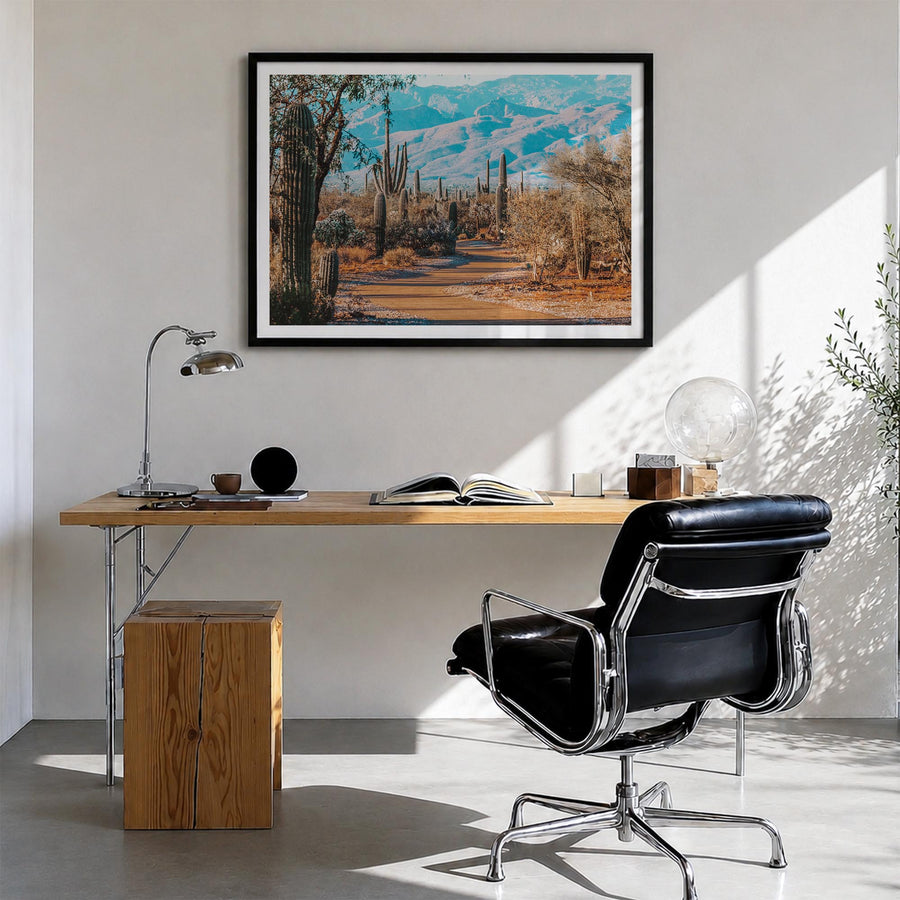 Saguaro National Park colorful photo poster of Arizona, USA – horizontal wall art in black wood frame with white border, hang
