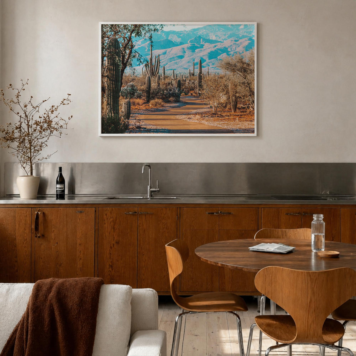 Saguaro National Park colorful photo poster of Arizona, USA – horizontal wall art in white wood frame, hanging on wall