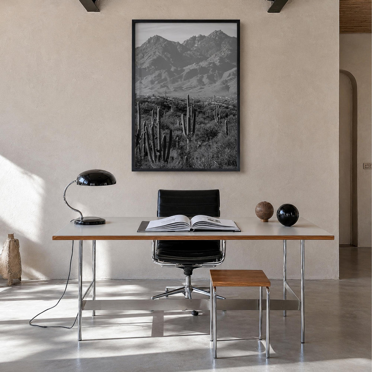 Saguaro National Park no. 1 black & white photo poster of Arizona, USA – vertical wall art in black wood frame, hanging on wa