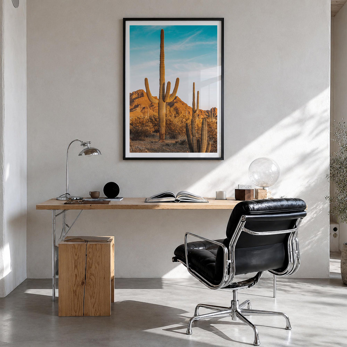 Saguaro National Park no. 1 colorful photo poster of Arizona, USA – vertical wall art in black wood frame with white border, 
