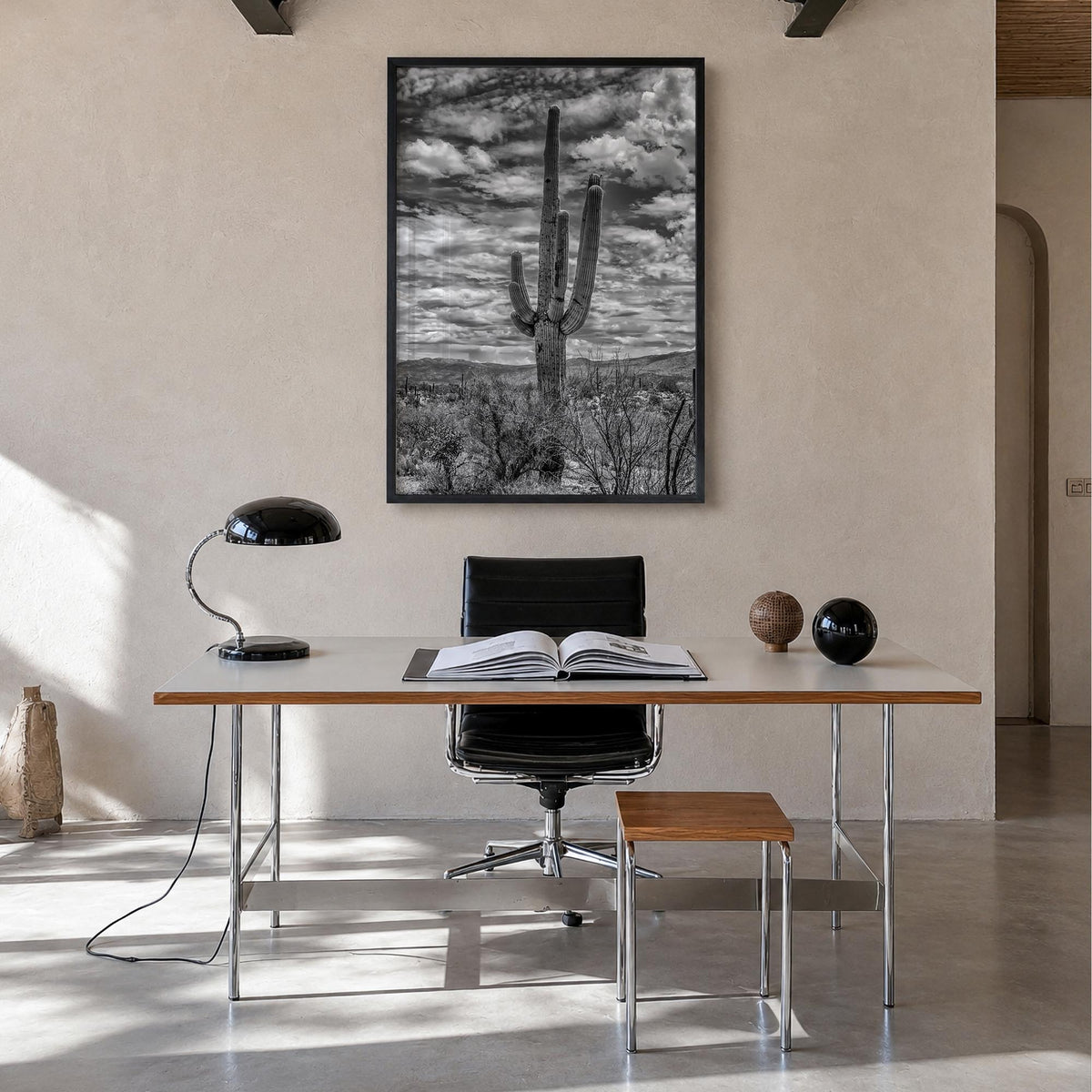 Saguaro National Park no. 2 black & white photo poster of Arizona, USA – vertical wall art in black wood frame, hanging on wa