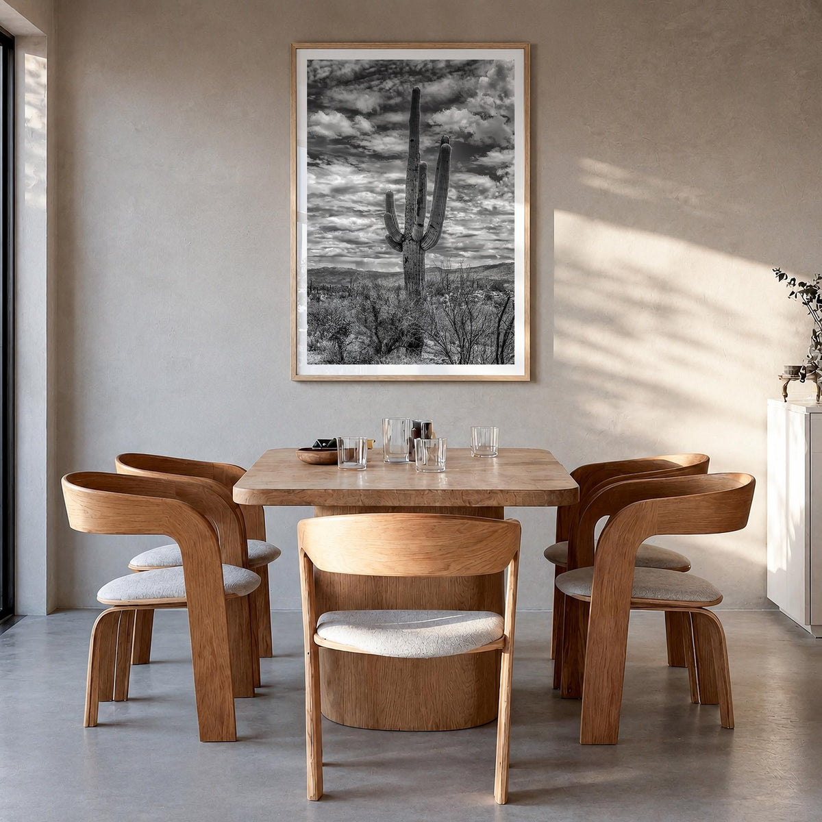 Saguaro National Park no. 2 black & white photo poster of Arizona, USA – vertical wall art in natural wood frame with white b