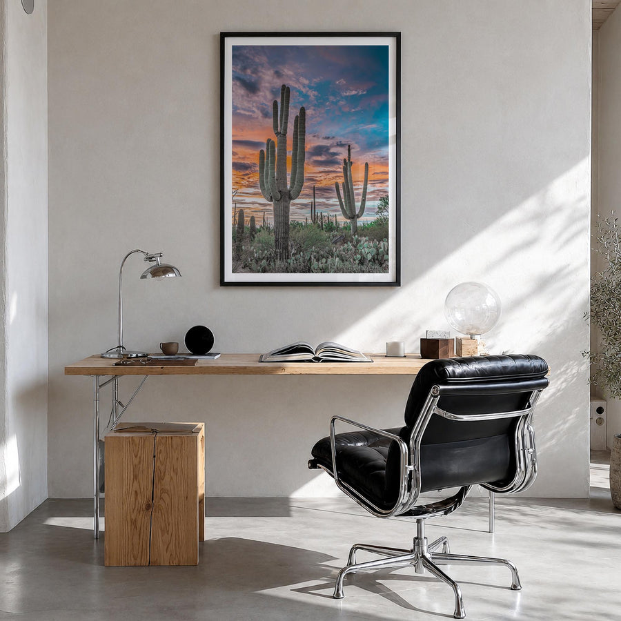 Saguaro National Park no. 2 colorful photo poster of Arizona, USA – vertical wall art in black wood frame with white border, 