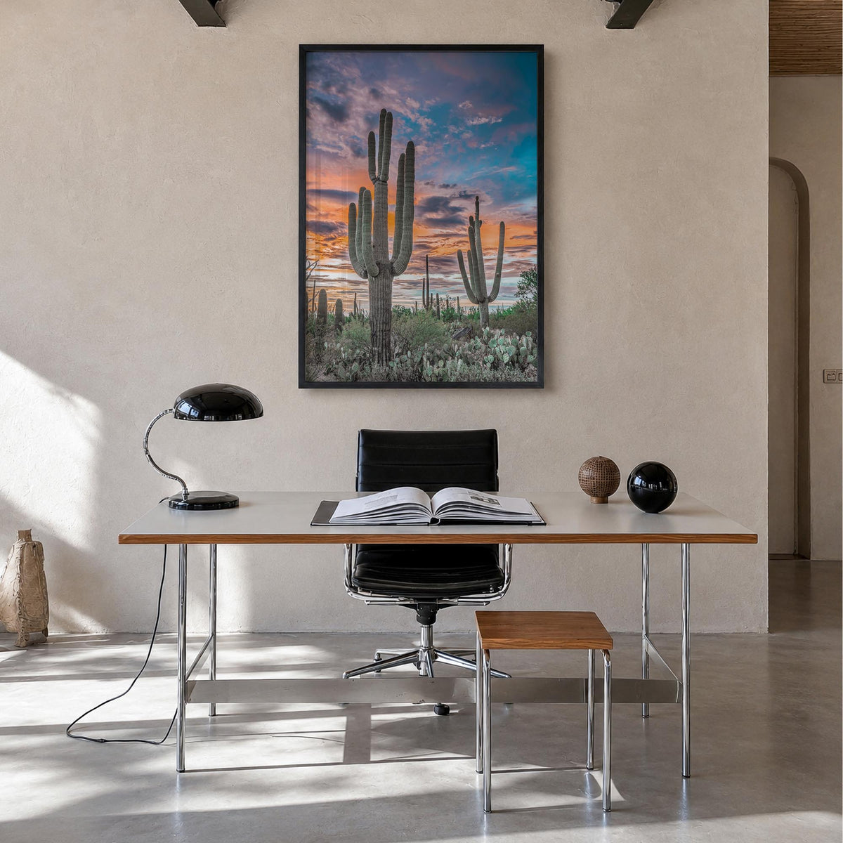 Saguaro National Park no. 2 colorful photo poster of Arizona, USA – vertical wall art in black wood frame, hanging on wall