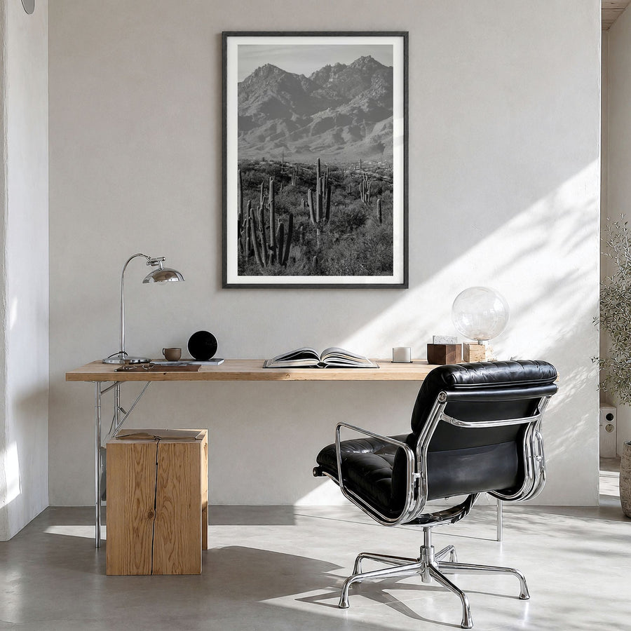 Saguaro National Park Photo No 1 Poster in a black wood frame, hanging in a bright home office, white border