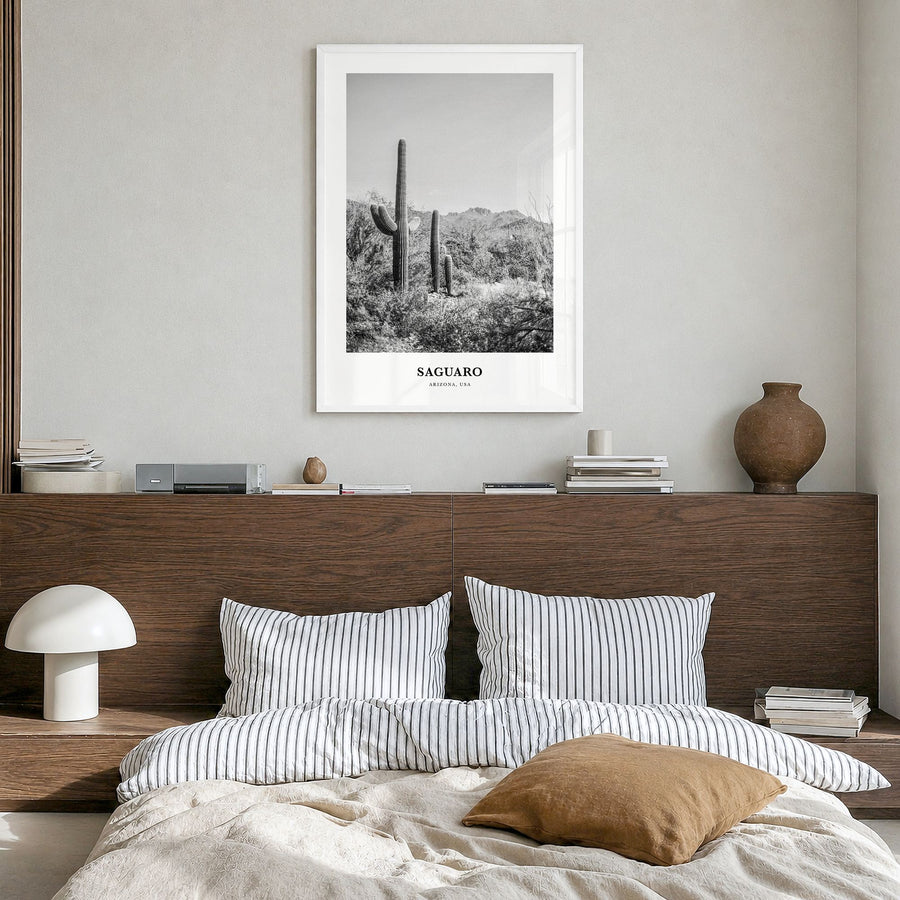 Saguaro National Park Classic Poster in a white wood frame, hanging in a bedroom