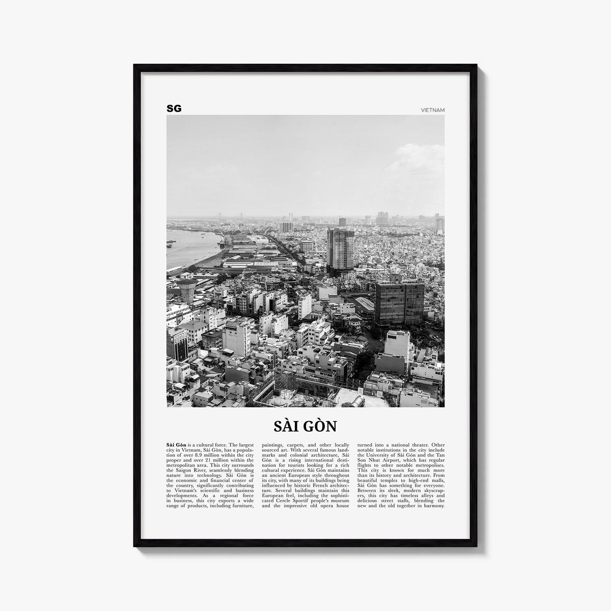Ho Chi Minh City no. 2 black & white newspaper poster of Vietnam – vertical wall art, unframed print shown in interior mockup