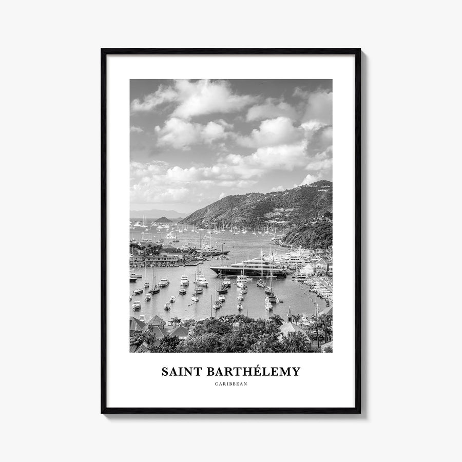 Saint Barthélemy black & white classic poster of Caribbean – vertical wall art, unframed print shown in interior mockup
