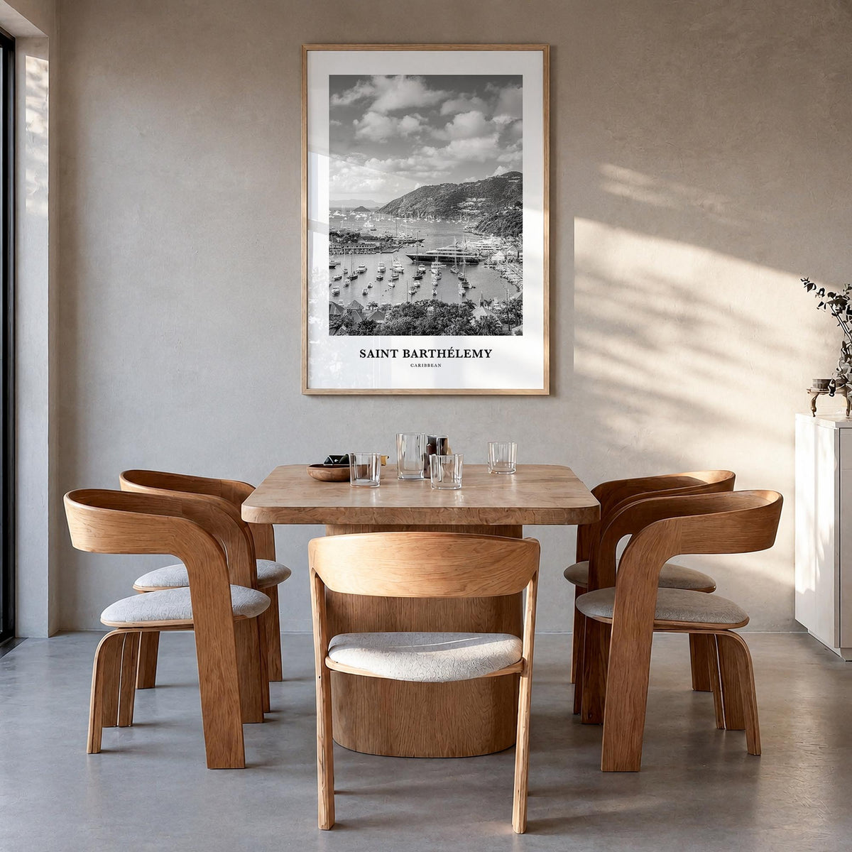 Saint Barthélemy black & white classic poster of Caribbean – vertical wall art in natural wood frame, hanging on wall