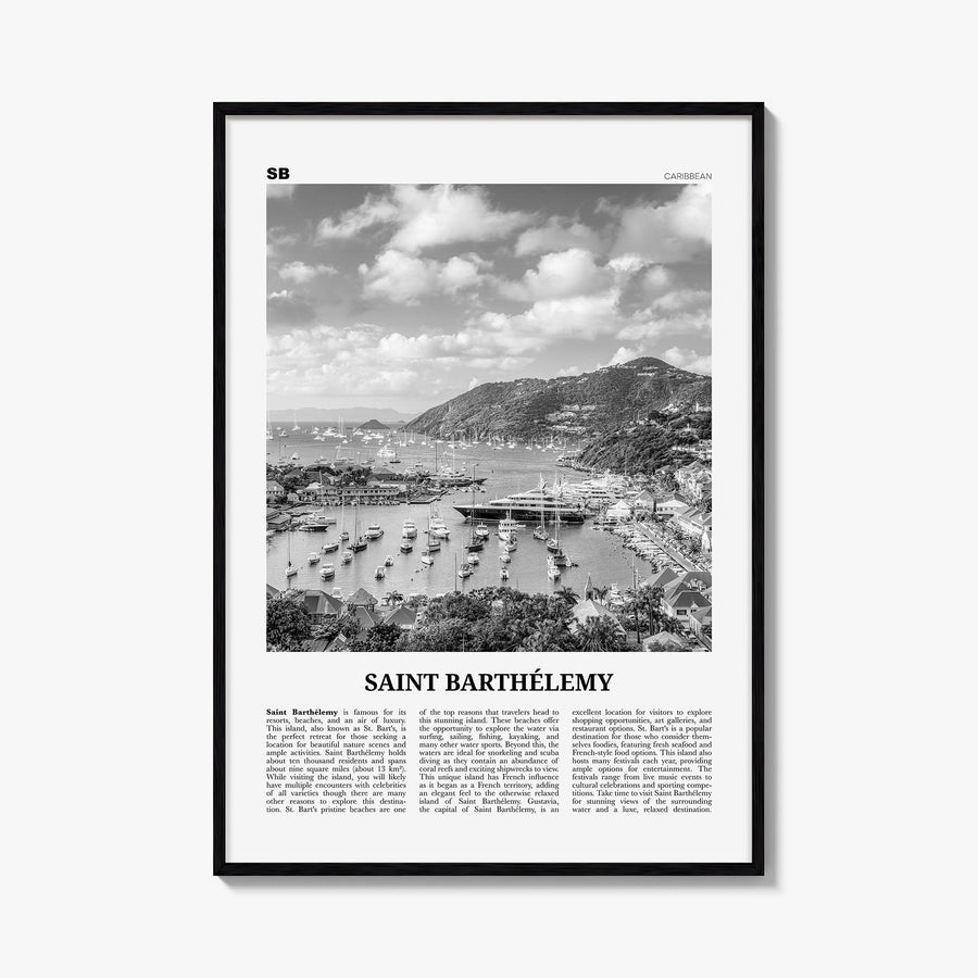 Saint Barthélemy black & white newspaper poster of Caribbean – vertical wall art, unframed print shown in interior mockup