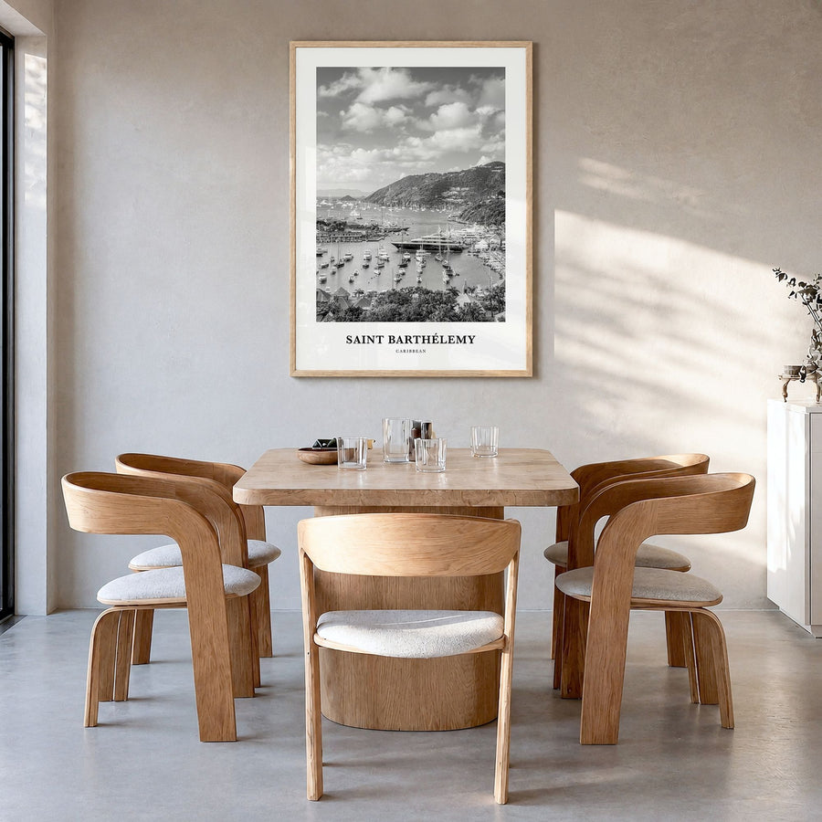 Saint Barthélemy Classic Poster in a natural wood frame, hanging in a dining room