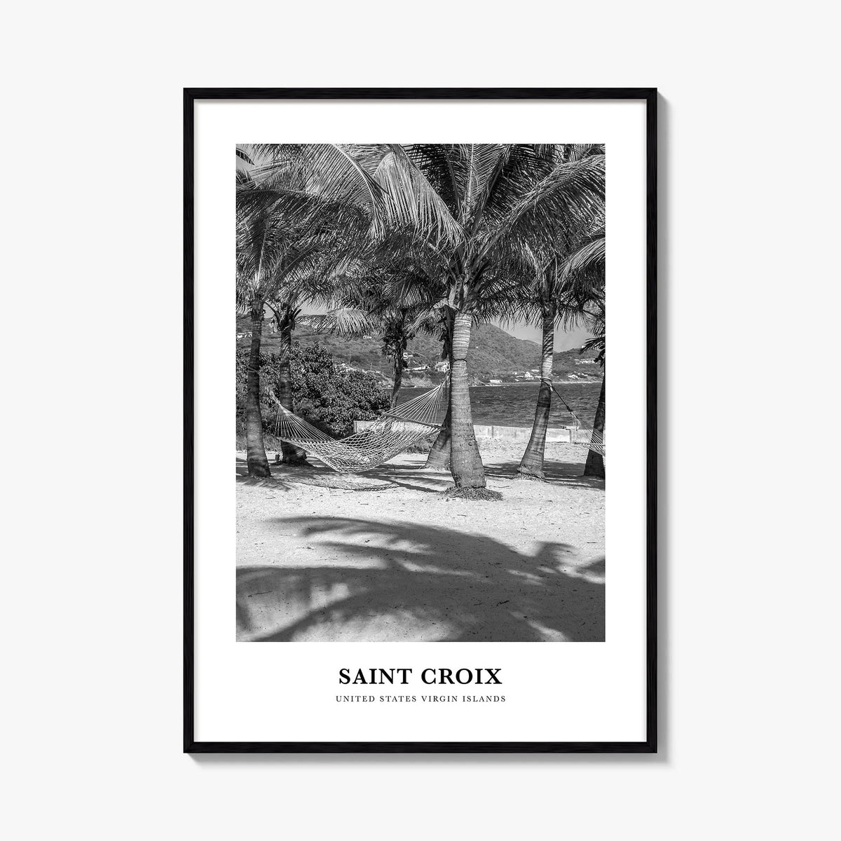 Saint Croix black & white classic poster of United States Virgin Islands – vertical wall art, unframed print shown in interio