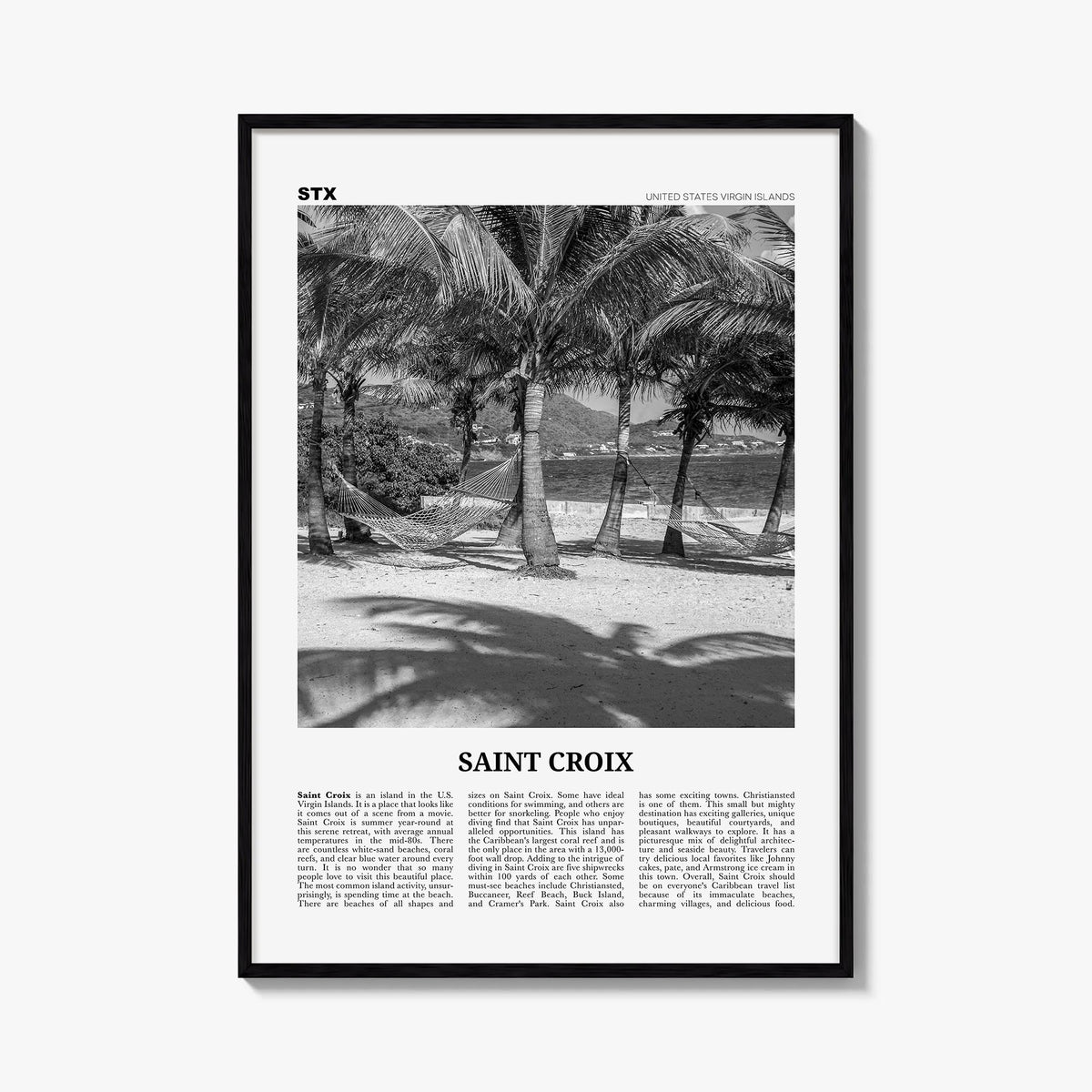 Saint Croix black & white newspaper poster of United States Virgin Islands – vertical wall art, unframed print shown in inter