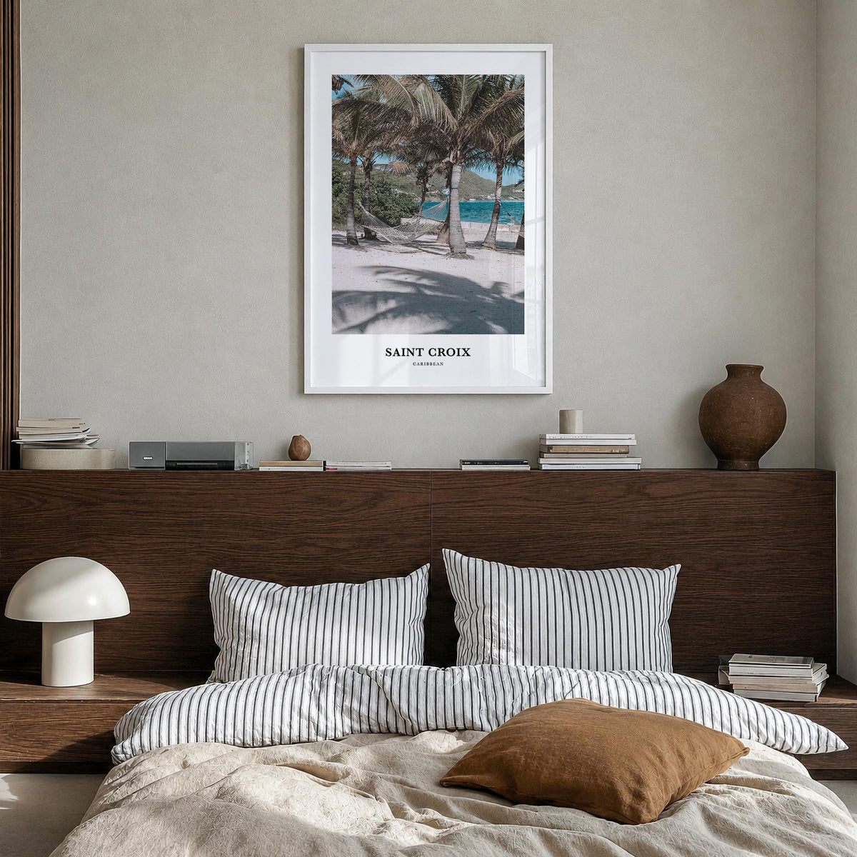 Saint Croix colorful classic poster of United States Virgin Islands – vertical wall art in white wood frame, hanging on wall