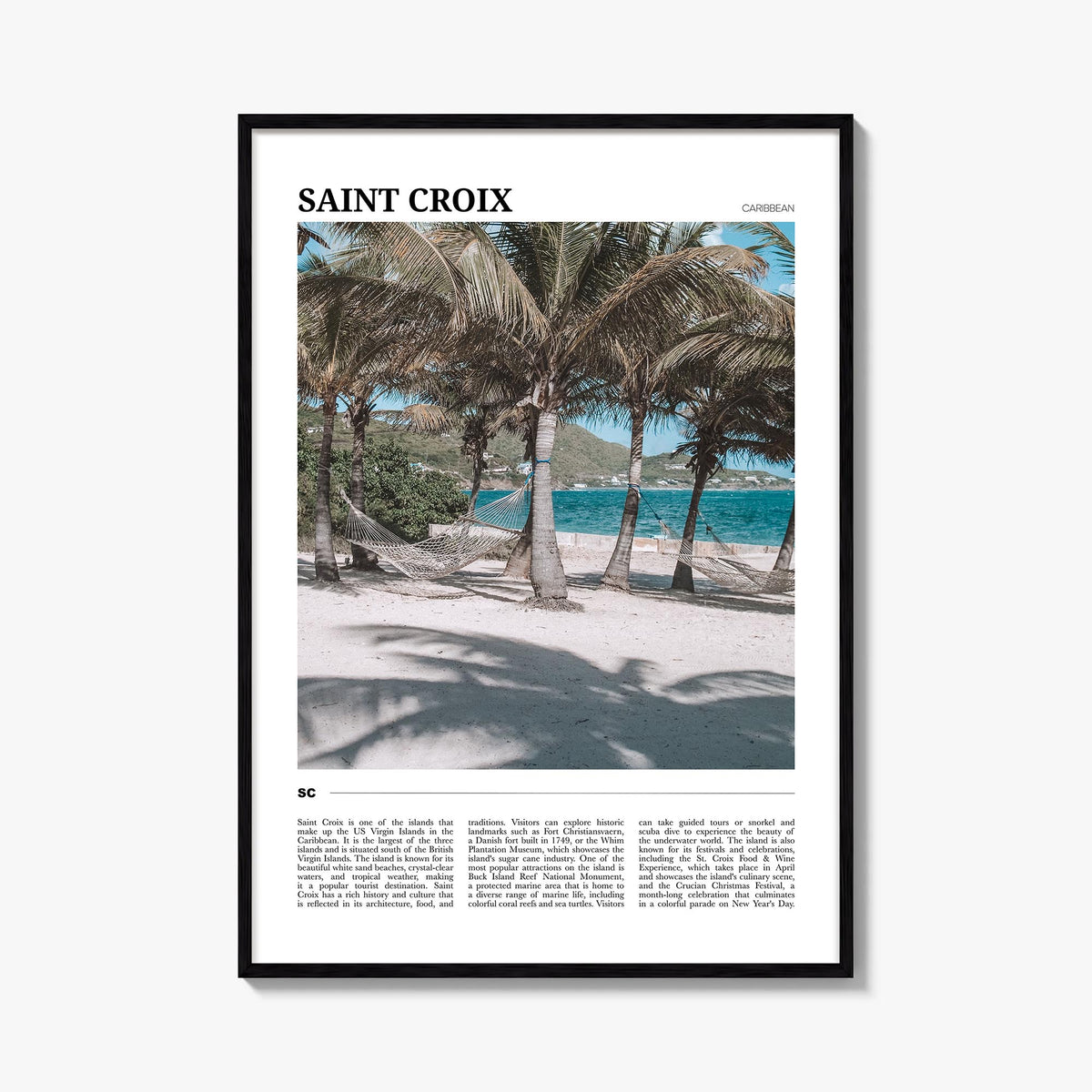 Saint Croix colorful travel poster of United States Virgin Islands – vertical wall art, unframed print shown in interior mock