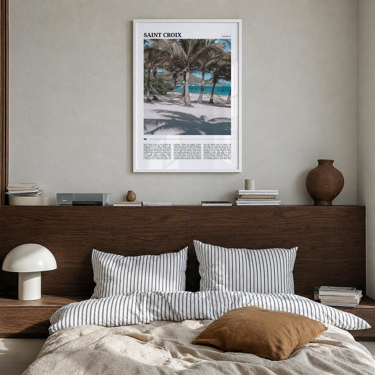 Saint Croix colorful travel poster of United States Virgin Islands – vertical wall art in white wood frame, hanging on wall