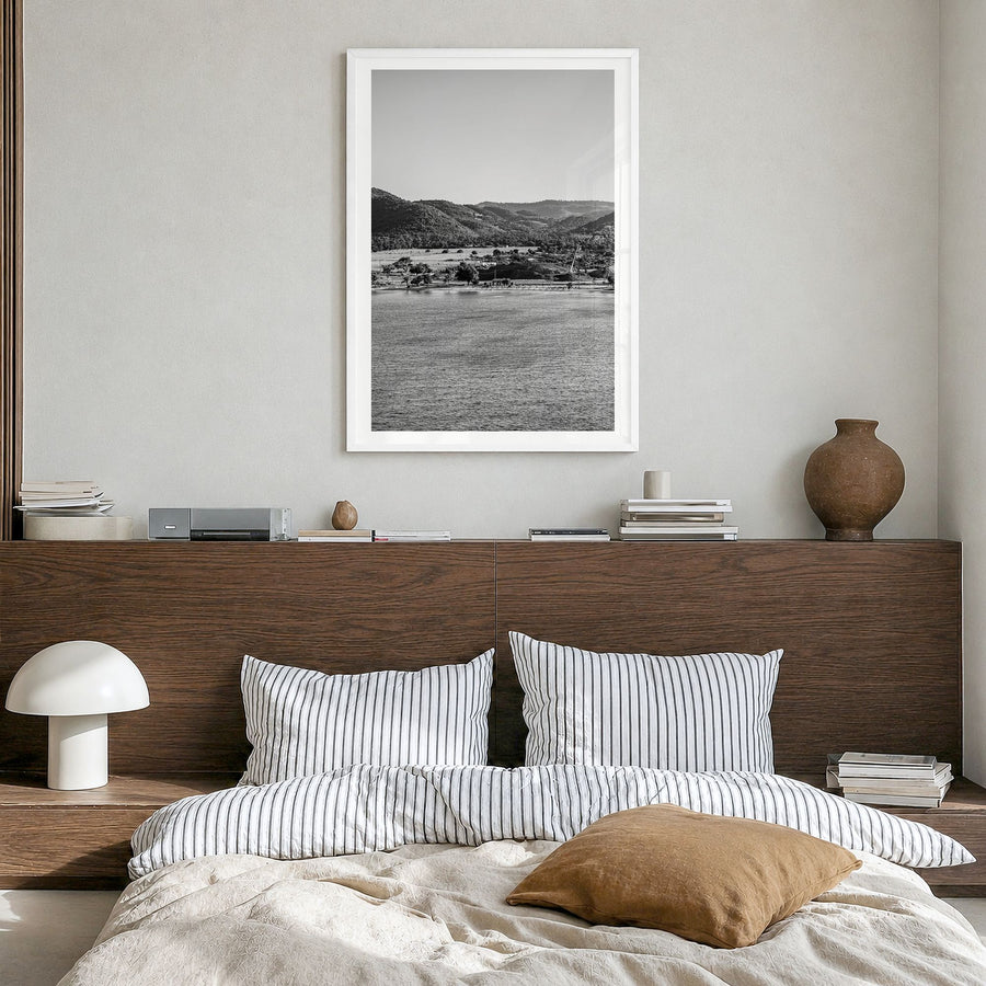 Saint Croix Photo Poster in a white wood frame, hanging in a bedroom, white border