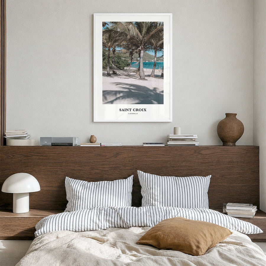 Saint Croix Classic Poster in a white wood frame, hanging in a bedroom