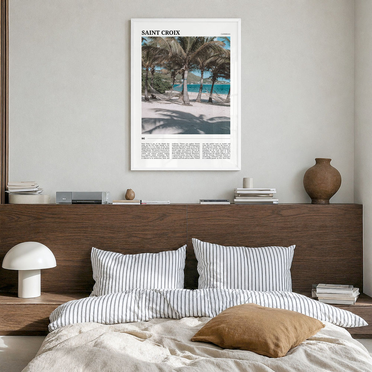 Saint Croix Travel Poster in a white wood frame, hanging in a bedroom