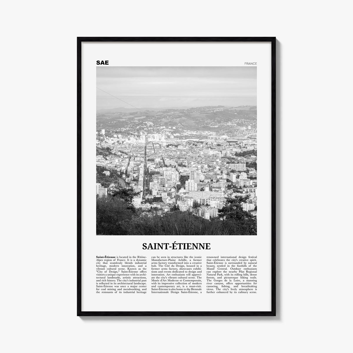 Saint-Étienne black & white newspaper poster of France – vertical wall art, unframed print shown in interior mockup