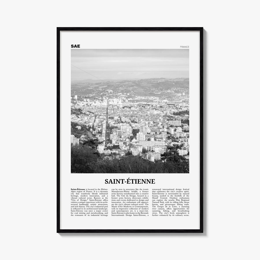 Saint-Étienne black & white newspaper poster of France – vertical wall art, unframed print shown in interior mockup