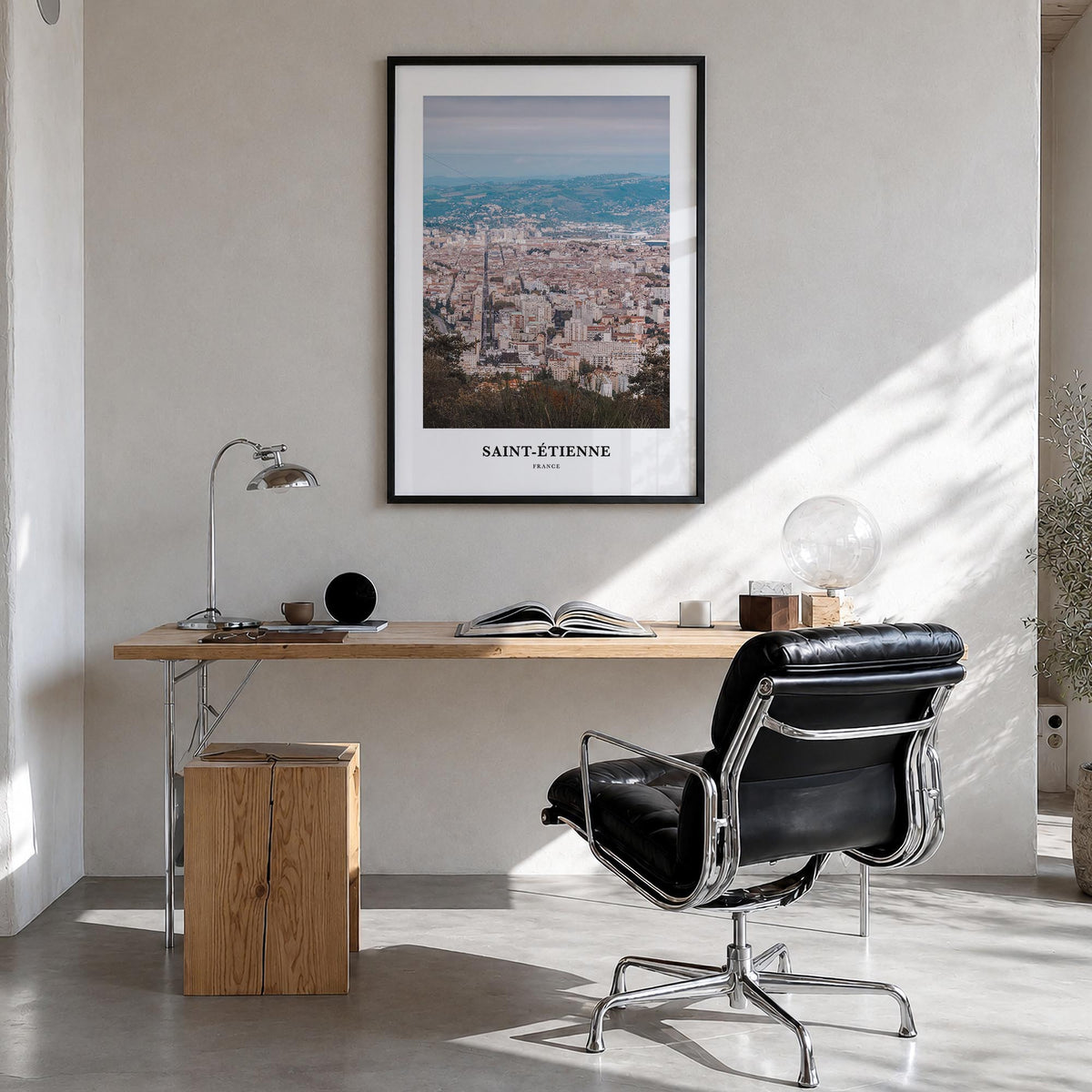 Saint-Étienne colorful classic poster of France – vertical wall art in black wood frame, hanging on wall