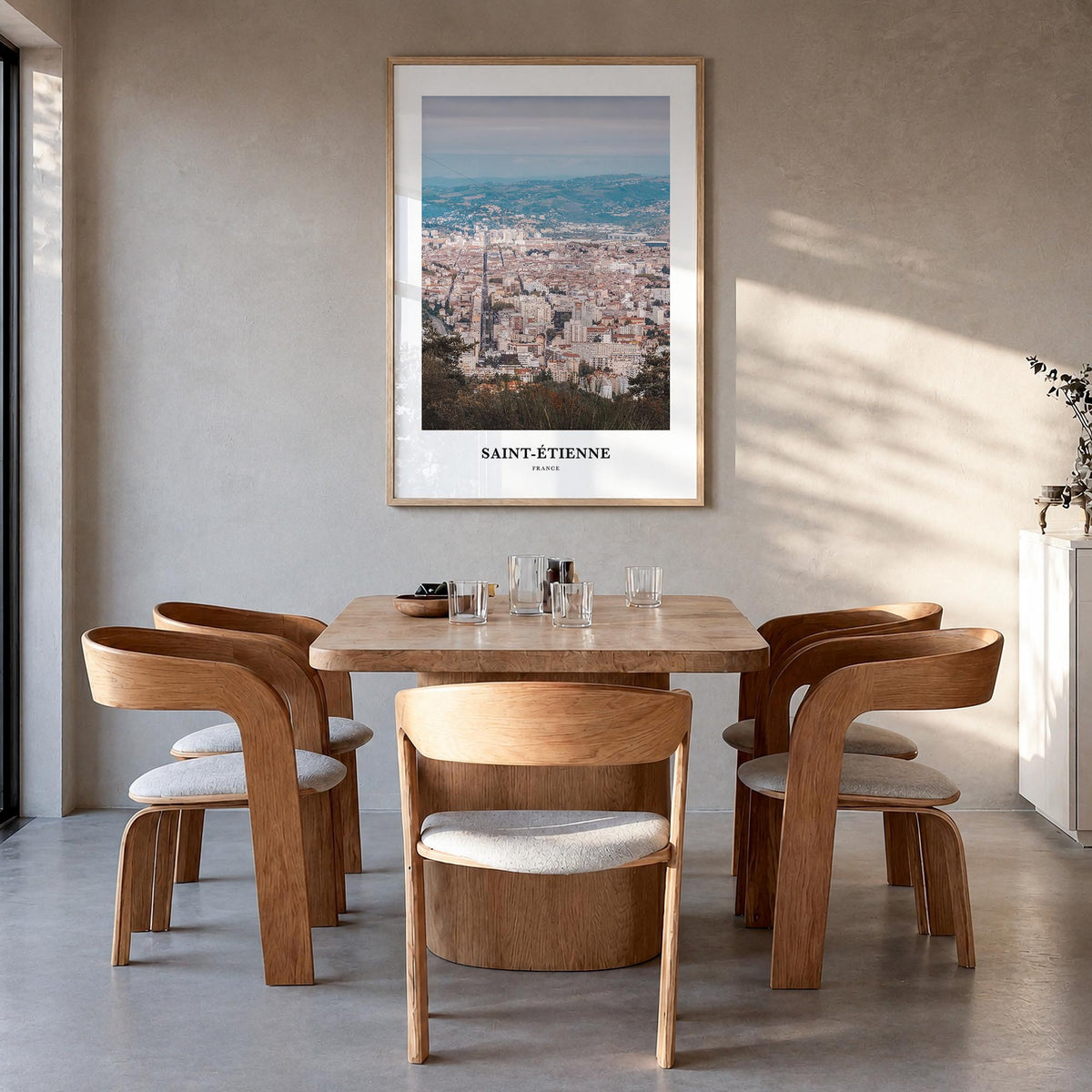 Saint-Étienne colorful classic poster of France – vertical wall art in natural wood frame, hanging on wall
