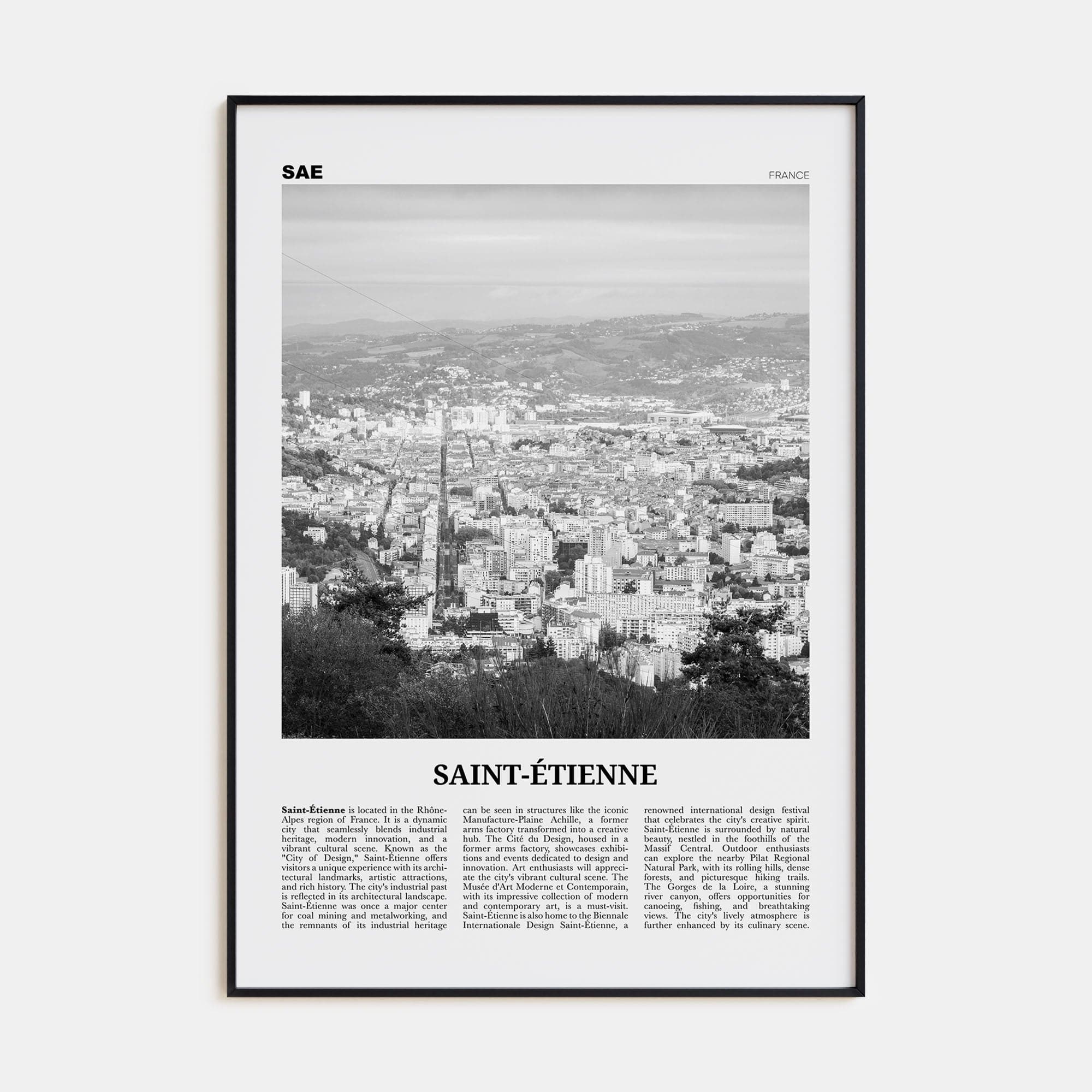 Saint-Étienne Poster Black Metal / 8x12 in Nbourhood Travel B&W Poster