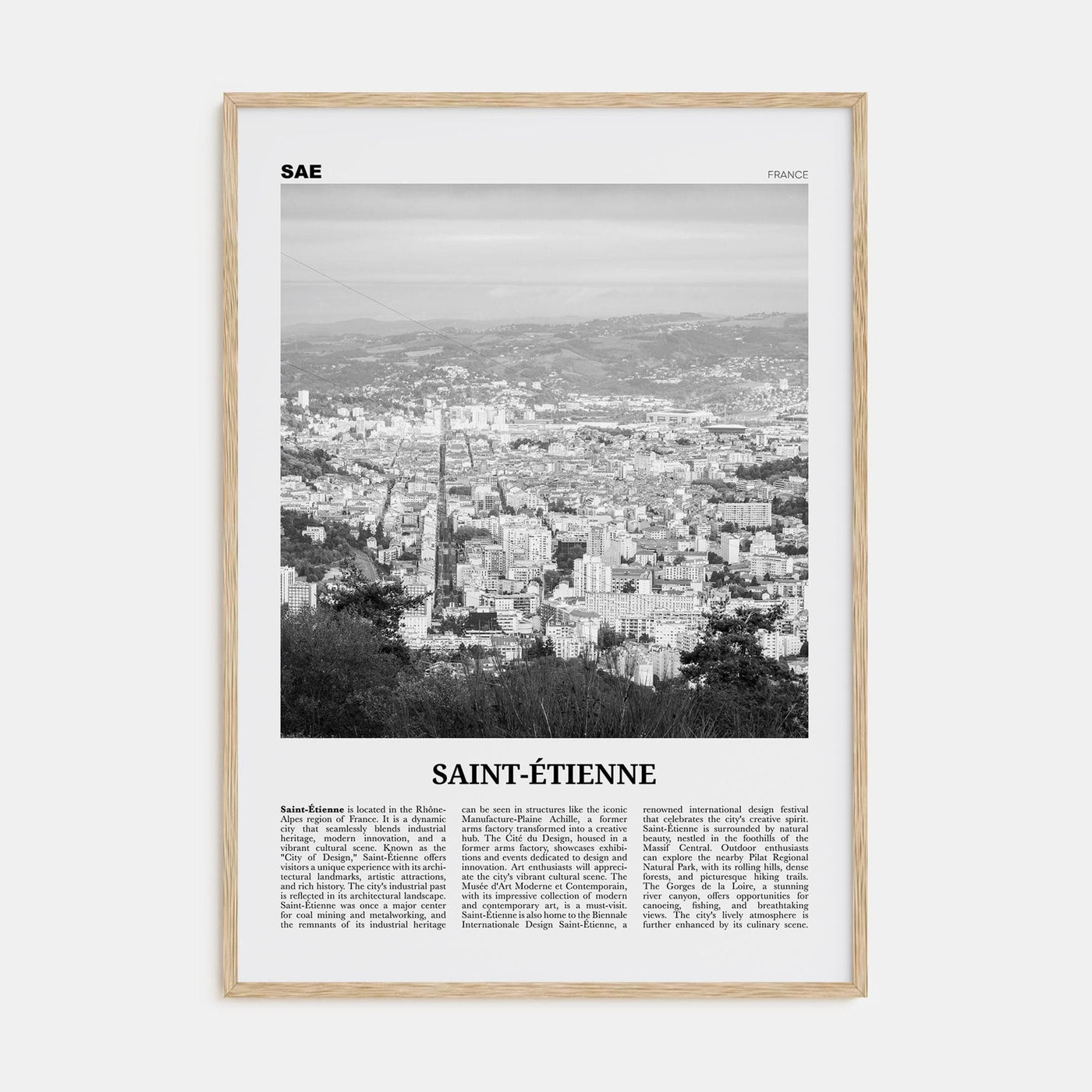 Saint-Étienne Poster Natural Wood / 8x12 in Nbourhood Travel B&W Poster