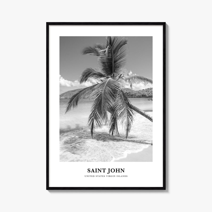 Saint John black & white classic poster of United States Virgin Islands – vertical wall art, unframed print shown in interior