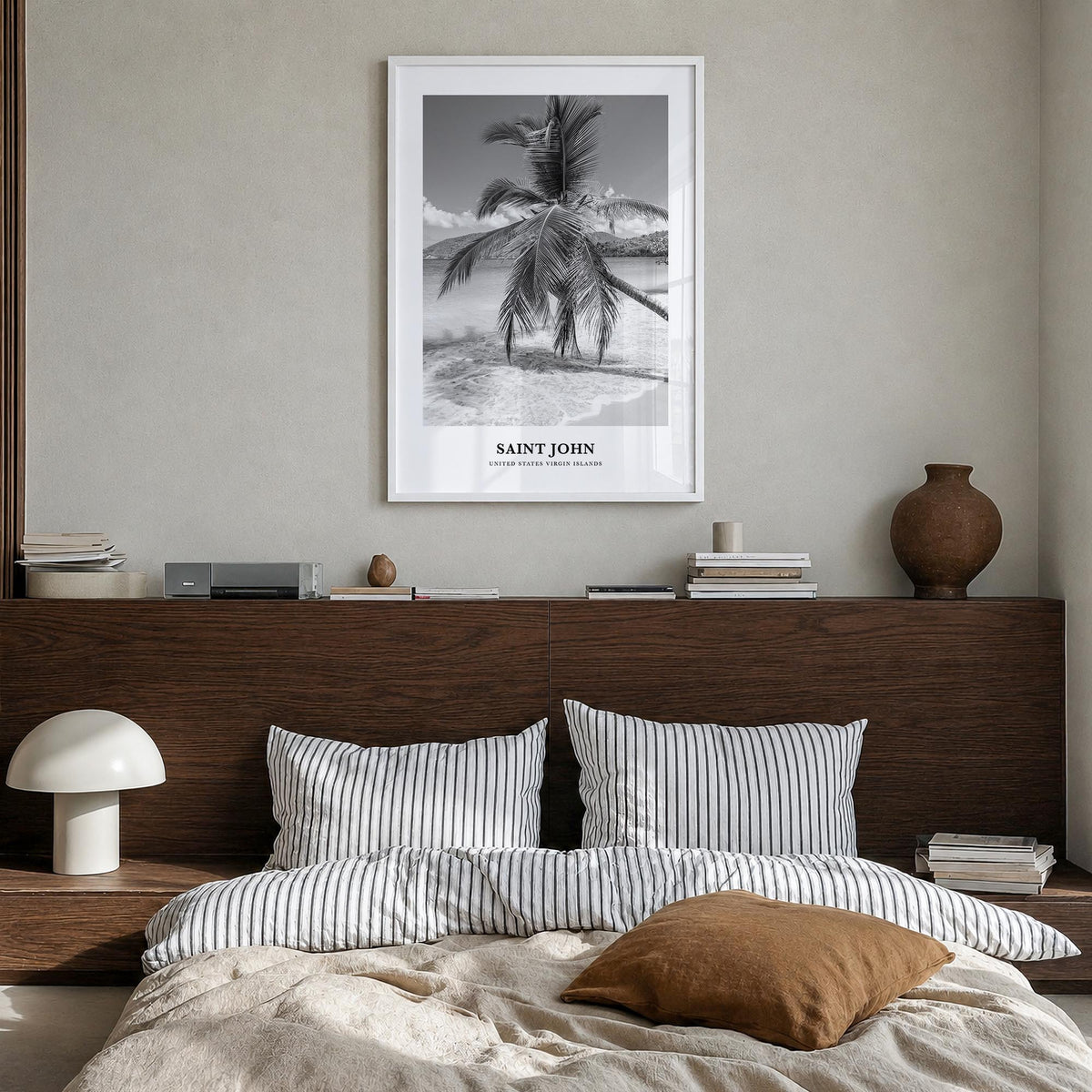 Saint John black & white classic poster of United States Virgin Islands – vertical wall art in white wood frame, hanging on w