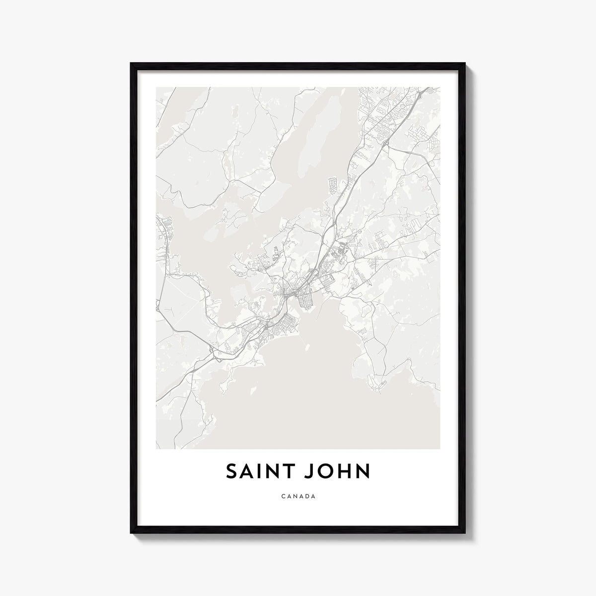 Saint John black & white map poster of United States Virgin Islands – vertical wall art, unframed print shown in interior moc