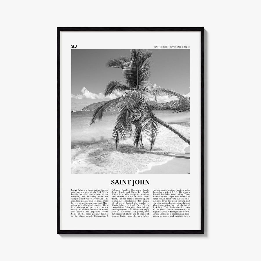 Saint John black & white newspaper poster of United States Virgin Islands – vertical wall art, unframed print shown in interi